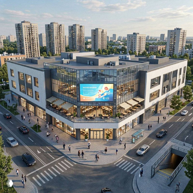 Визуализация районного торгового центра на перекрёстке: трёхэтажное здание с остеклённым углом, террасами, витринами и прохожими на тротуаре.