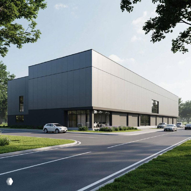 Современное здание логопарка/склада с минималистичным фасадом, подъездной дорогой и автомобилями у въезда; рендер промышленной недвижимости.