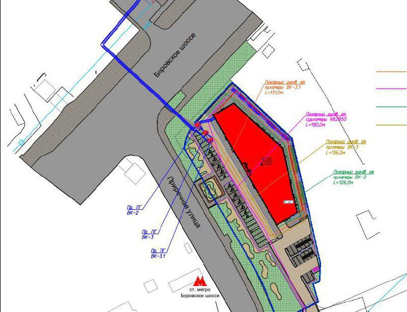 Техническая схема привязки участка и планировочные решения вокруг ТПУ «Боровское шоссе» с обозначением красных зон и основных пешеходных связей.