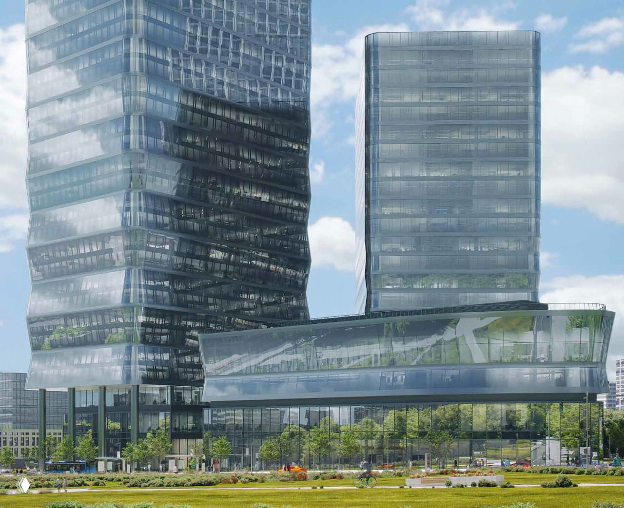 Архитектурный визуал: два высоких стеклянных блока проекта SET на фоне неба, подчёркнуты изгибы и горизонтальные пояса этажей.