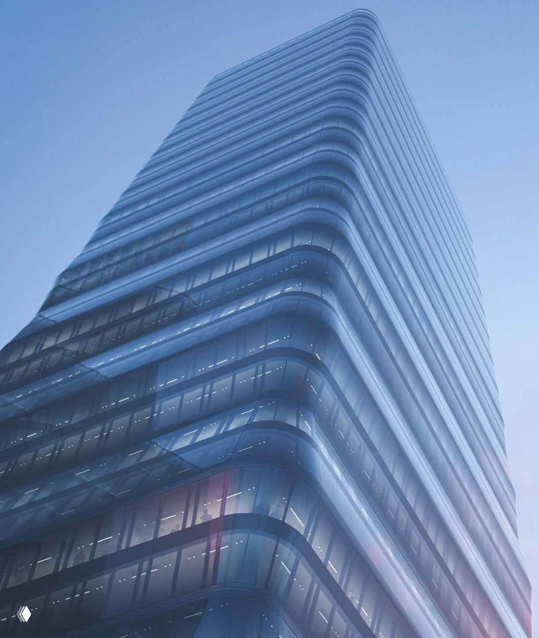 Рендер поднятого ракурса: вертикальный объём с закруглёнными углами и гладкими стеклянными лентами на фасаде офисной башни SET.