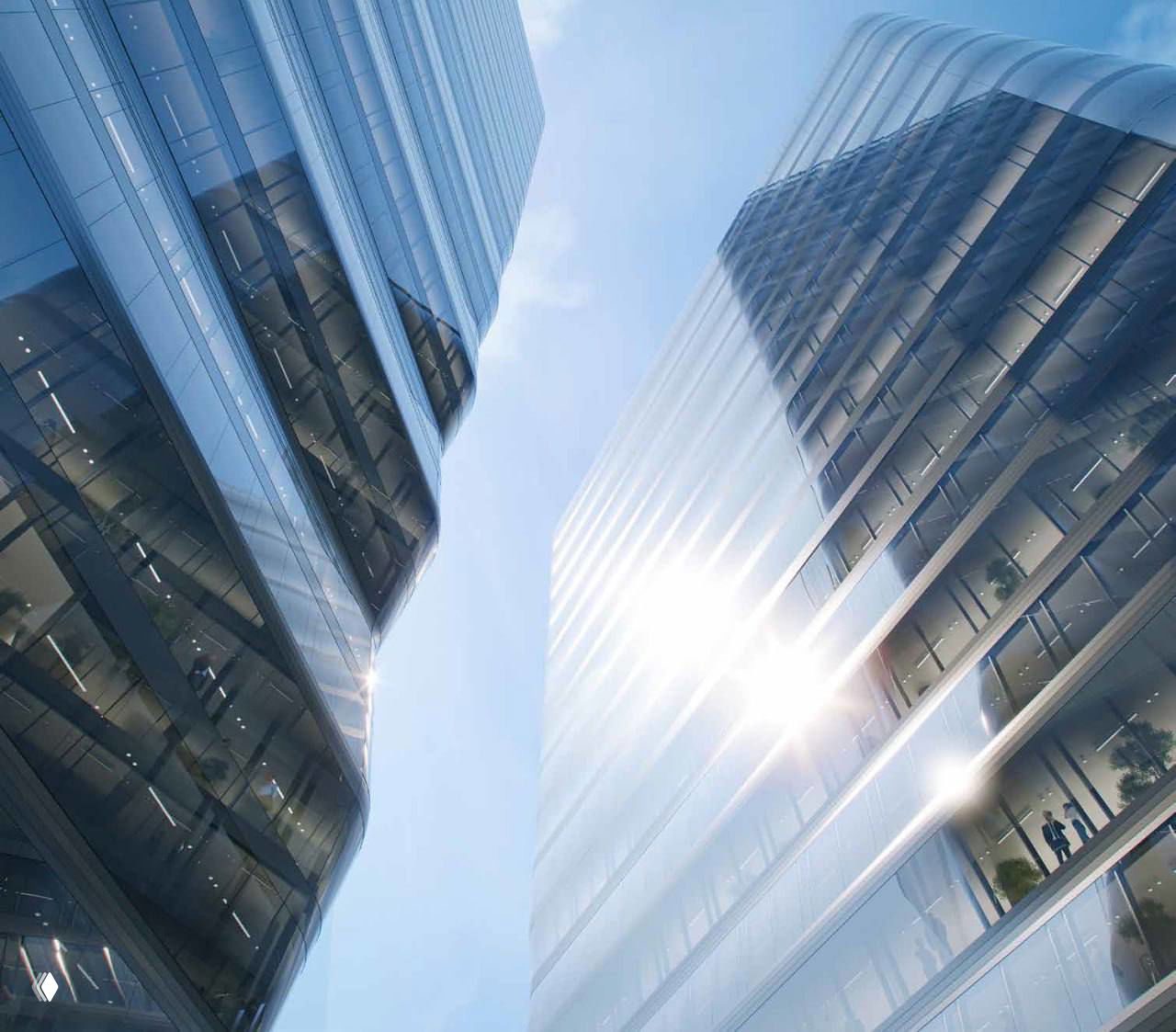 Небесный ракурс между двумя объёмами SET: отражения на стекле, солнечные блики и вид на служебные внутренние фасады между башнями.