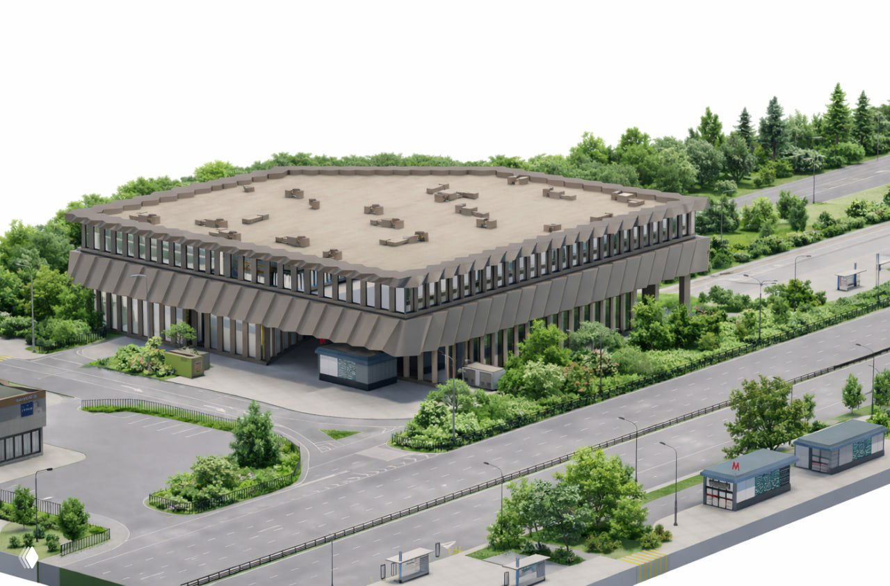 Визуализация торгового центра у метро Войковская: двухэтажное приземистое здание на колоннах с витражным фасадом и ломаным карнизом.