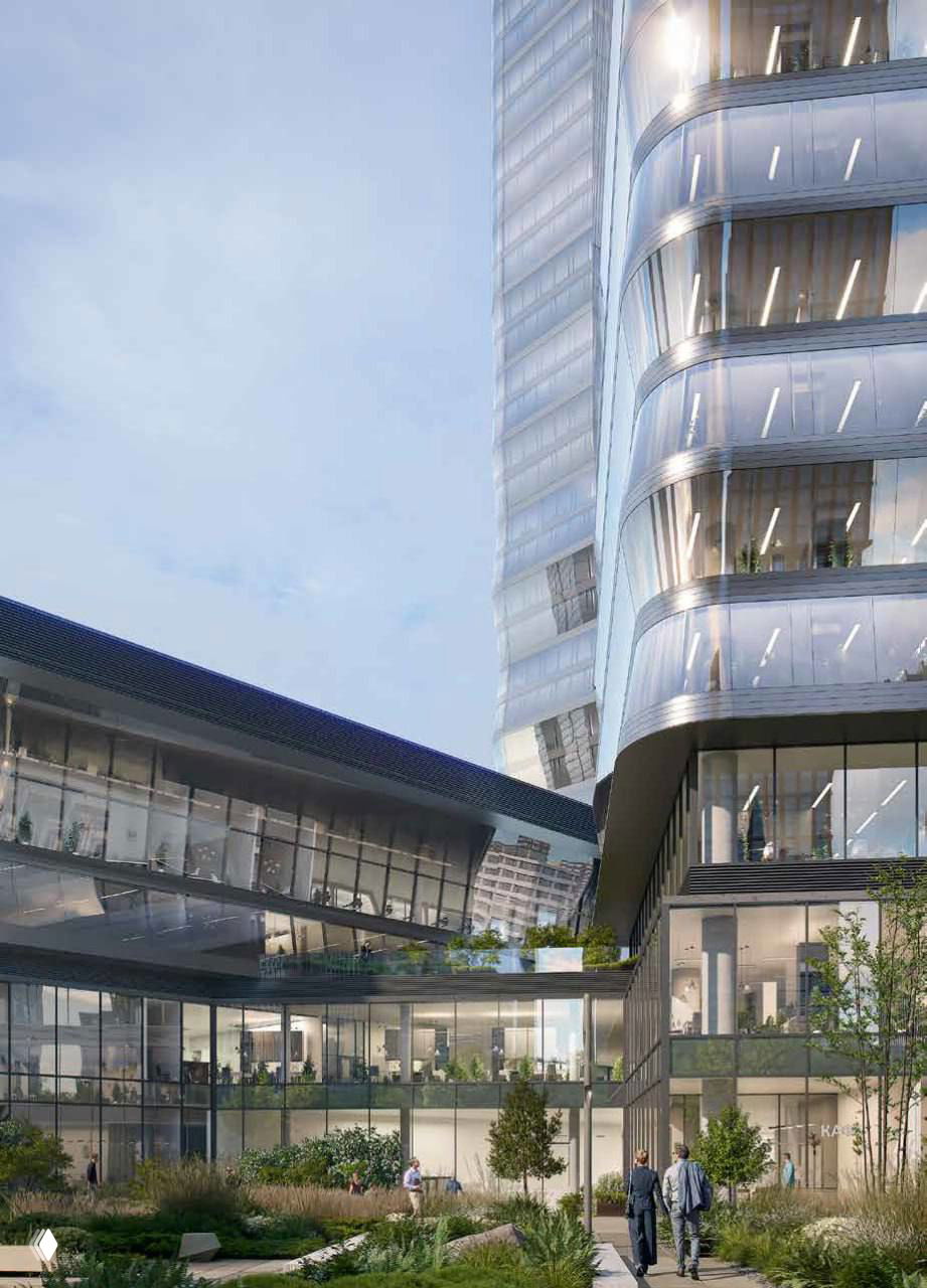 Рендер на уровне стилобата: благоустроенная внутренняя площадь с зелёными насаждениями, окнами коммерческих этажей и пешеходными зонами.