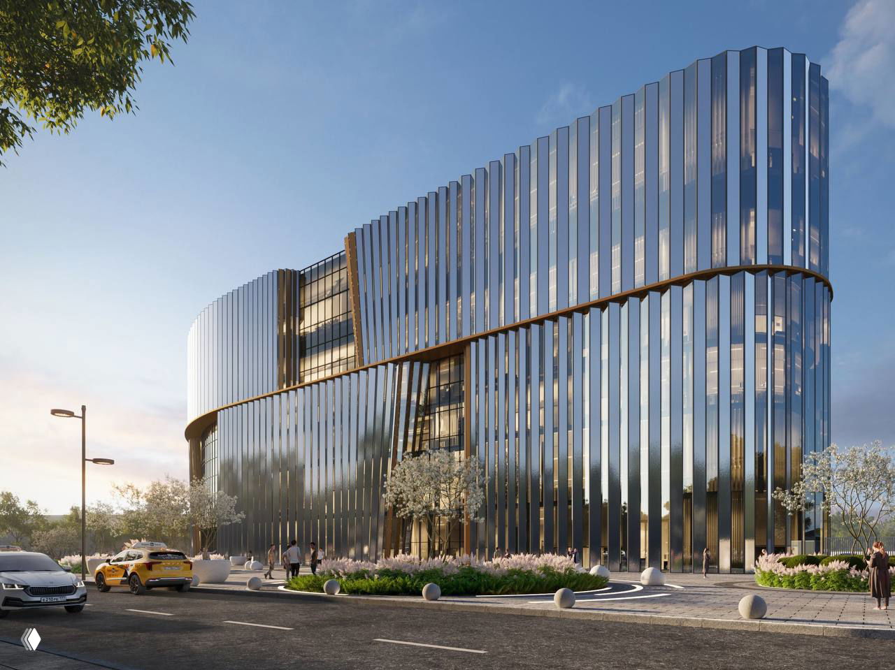 Близкий ракурс фасада с плавными изгибами и отражающими поверхностями, вид на входную группу и уличное озеленение вдоль дороги.