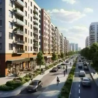 Изображение жилой улицы с многоэтажными домами, тротуарами и автомобилями; иллюстрация квартала для обзора рынка недвижимости.