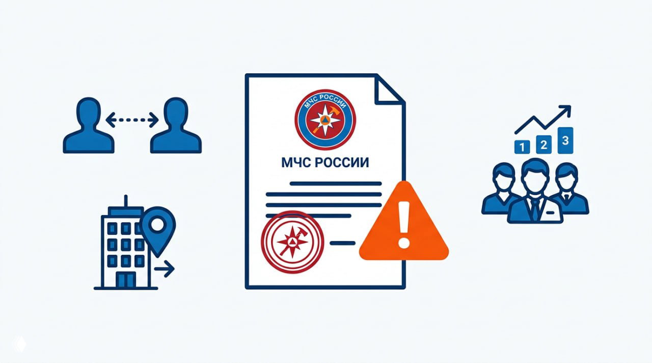 Иллюстрация: документ с логотипом МЧС России и предупреждающим треугольником, рядом иконки сотрудников, здания и графика, показывающие риски и численность.