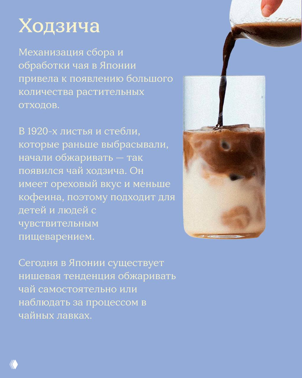 Процесс наливания холодного напитка в стакан — изображение стакана с ходзичей со льдом, иллюстрирующее описание чая и его текстуры во второй части заметки.