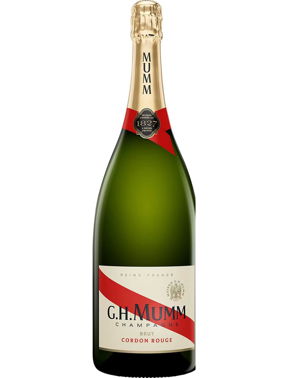 Фотография бутылки G.H. Mumm Cordon Rouge на белом фоне: заметна характерная красная лента и этикетка с названием дома Mumm.