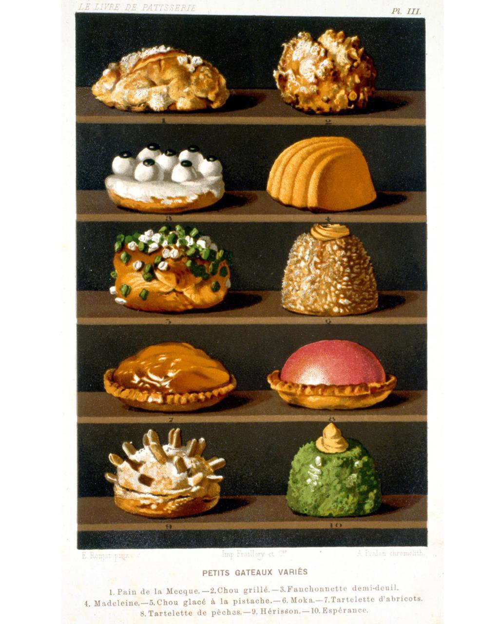 Цветная литография из «Le Livre de Patisserie» с разнообразными petits gateaux, аккуратно выставленные пирожные на полках.