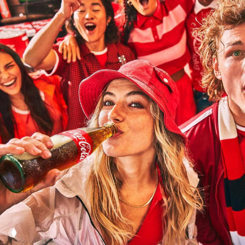 Молодая женщина в красной панаме делает глоток из бутылки Coca‑Cola на фоне ликующей толпы — близкий кадр рекламного портрета болельщицы.