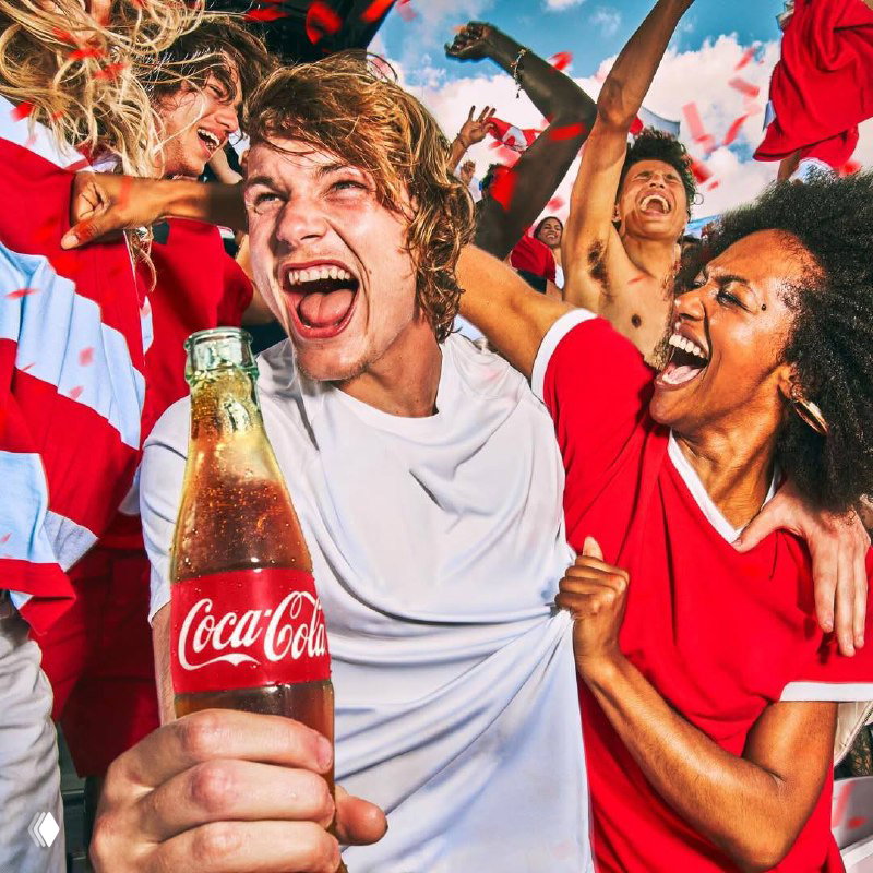 Группа ликующих фанатов в красном держит бутылки Coca‑Cola в переднем плане — крупный формат, передающий шум и восторг трибун.