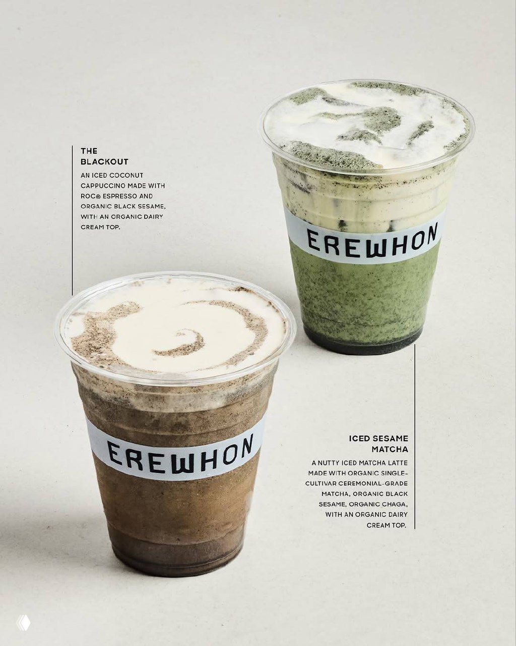 Два холодных напитка в пластиковых стаканах с фирменной лентой Erewhon: матча и тёмный латте на светлом фоне, стилизованные как продуктовый шот.