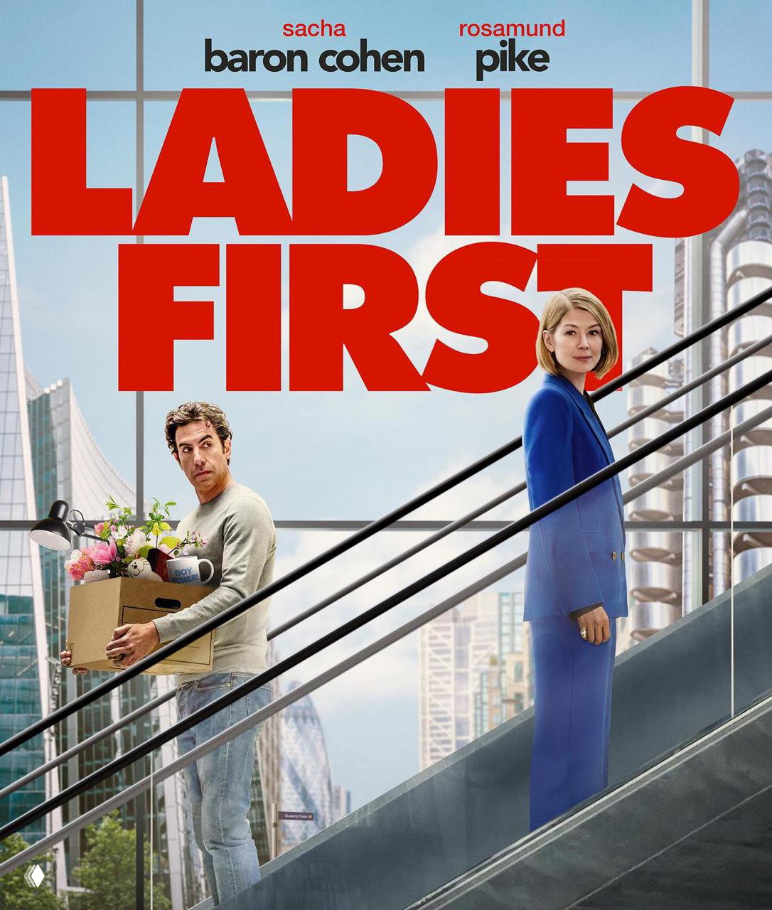 Афиша и постер фильма «Ladies First» с крупным красным заголовком, двумя персонажами на эскалаторе и урбанистическим фоном, киноплакат