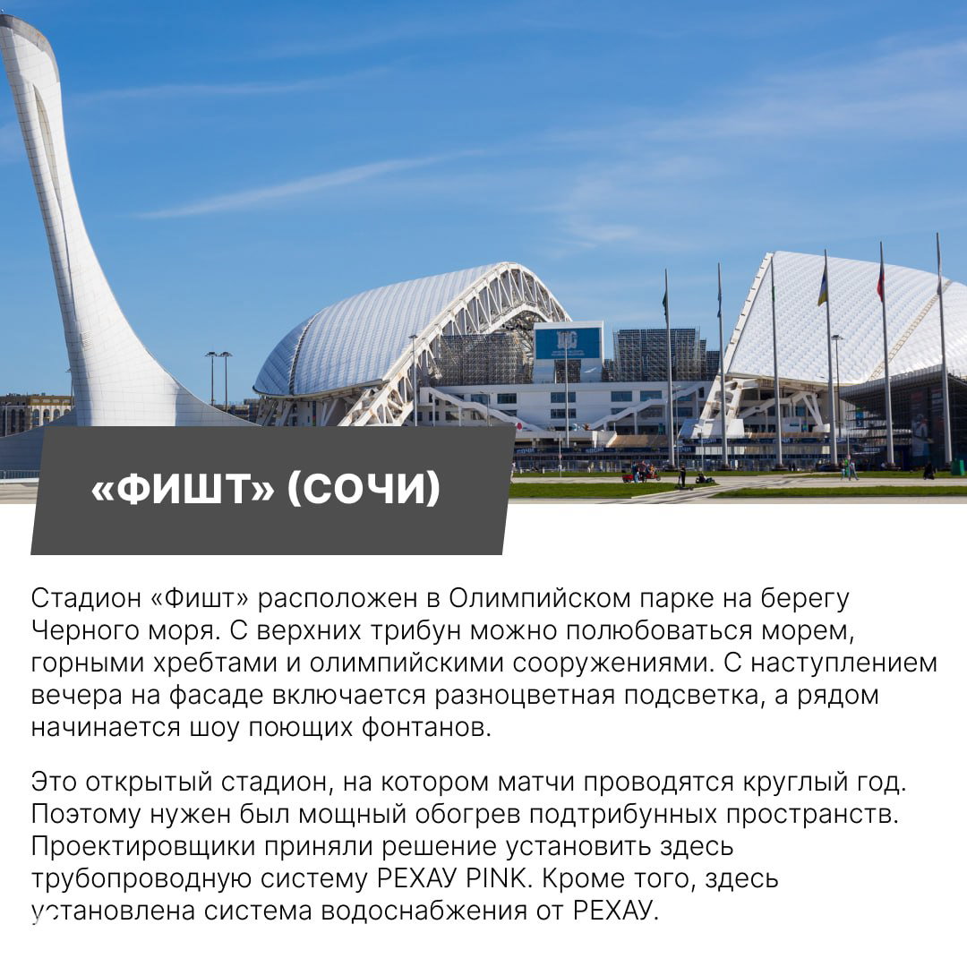 Панорамный вид стадиона «Фишт» в Сочи на фоне Олимпийского парка, видны арки, фасад и пешеходные зоны вокруг арены.
