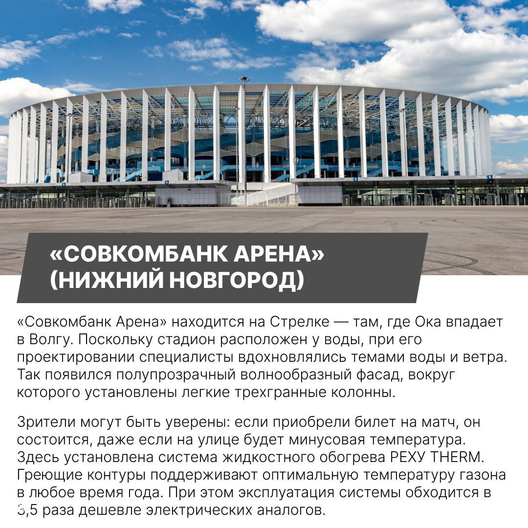 Фасад «Совкомбанк Арена» в Нижнем Новгороде с волнообразной решёткой и колоннами, снят в ясную погоду без зрителей.
