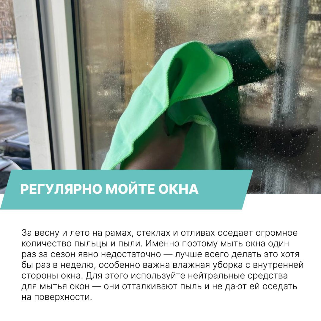 Рука протирает окно зелёной тряпкой — демонстрация регулярной влажной уборки рам и стёкол для удаления пыли и пыльцы в сезон цветения.
