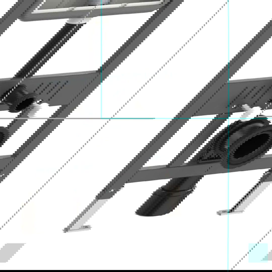 Фотография внутренней конструкции инсталляции NOVAFLOW: металлическая рама, трубы и элементы сливного соединения на фронтальном виде.