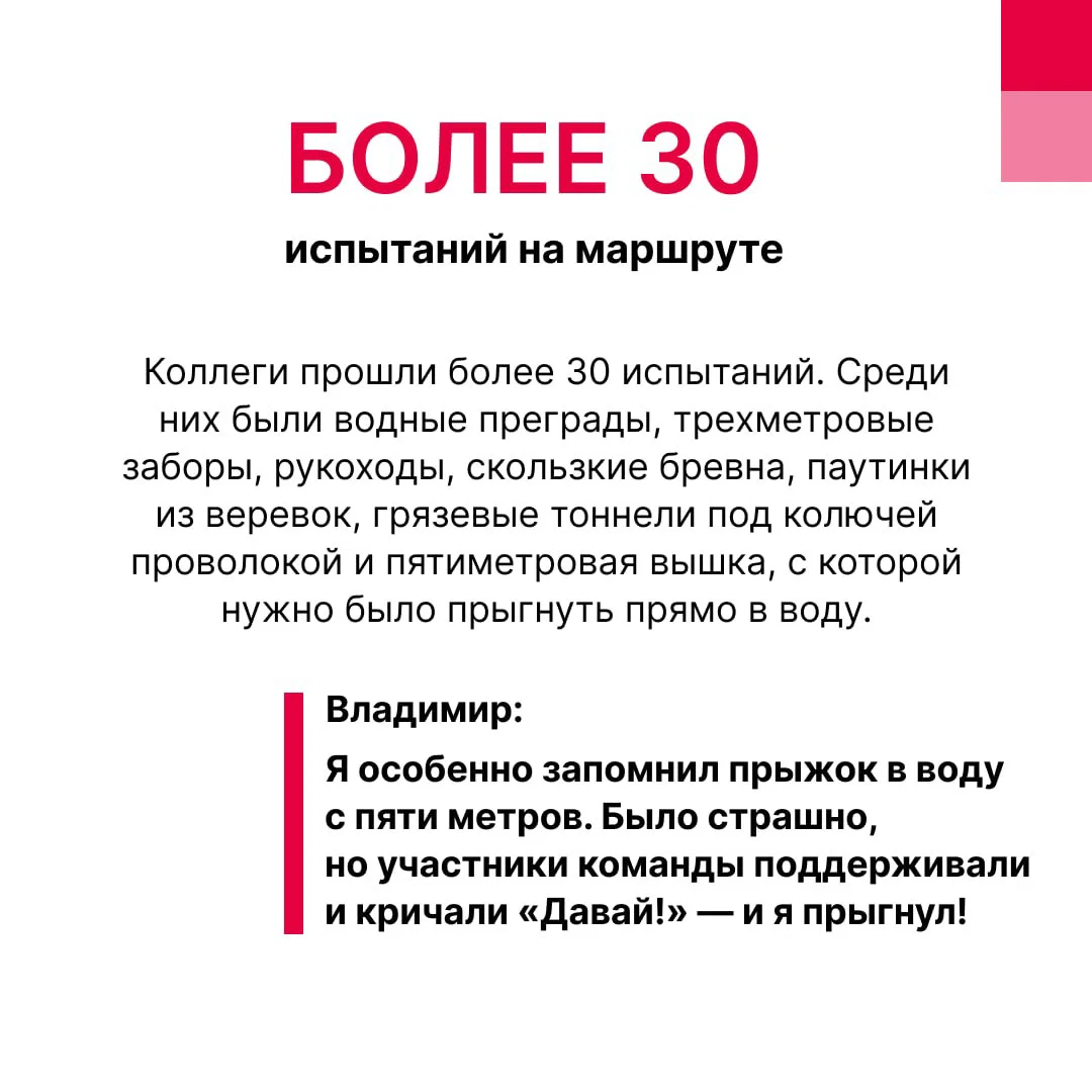 Инфографика с заголовком «Более 30 испытаний» и кратким описанием препятствий на маршруте гонки героев.