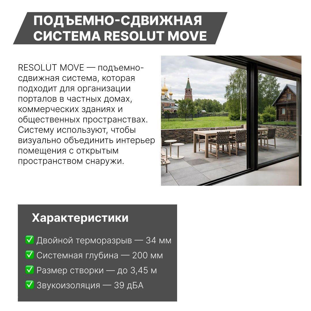 Карточка системы RESOLUT MOVE с изображением подъёмно‑сдвижного портала и блоком характеристик: двойной терморазрыв, глубина системы и звукоизоляция.