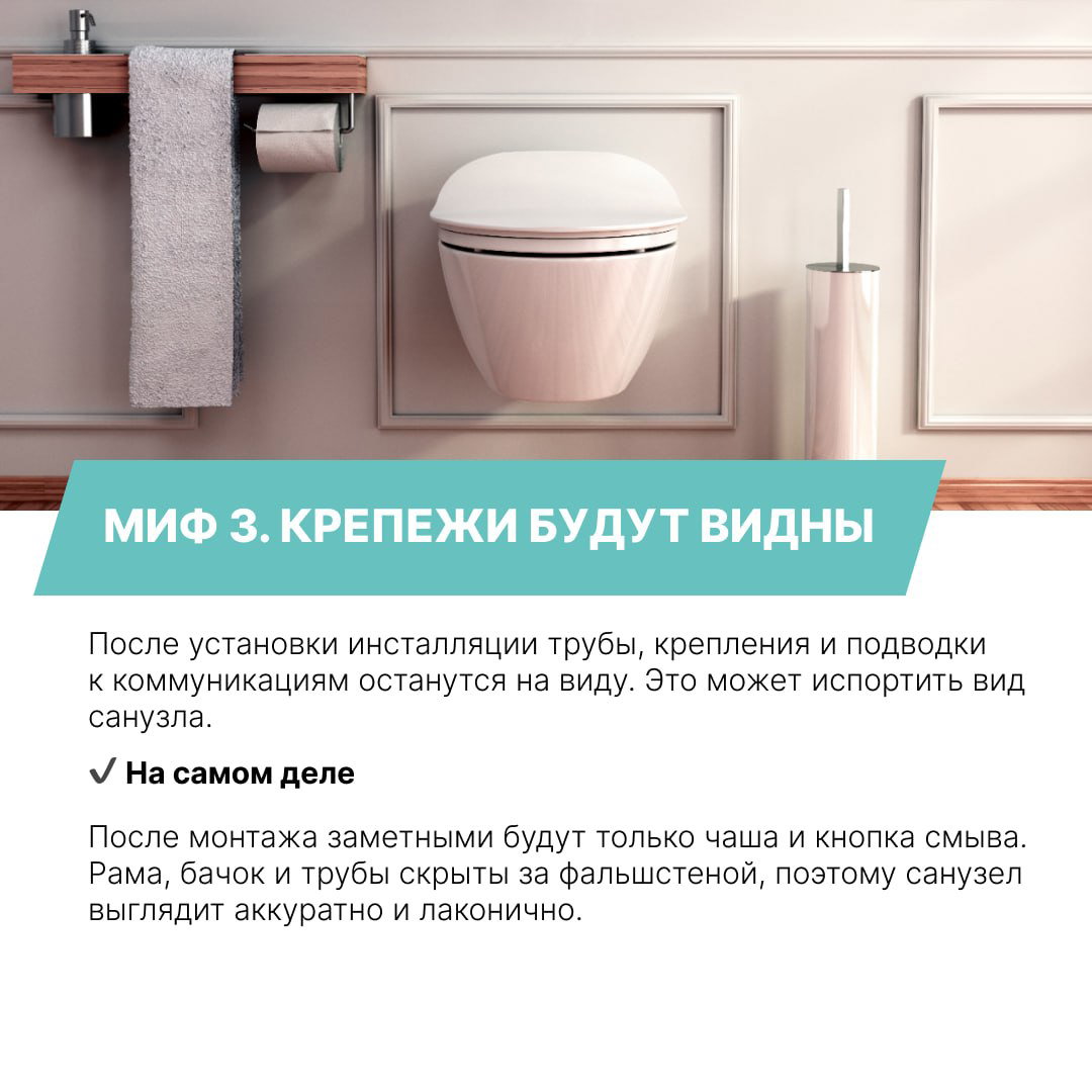Стилизованная картинка подвесного унитаза в интерьере с декоративной панелью; подпись на карточке сообщает «МИФ 3. КРЕПЕЖИ БУДУТ ВИДНЫ» и даёт развенчание.