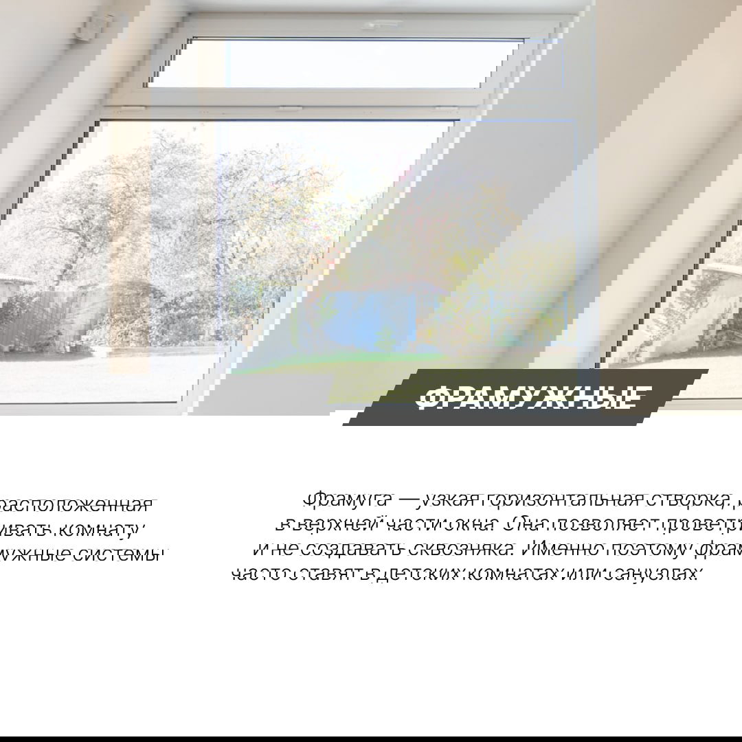 Фрамужная узкая горизонтальная створка в верхней части окна, позволяющая проветривать без сквозняка, пример установки в помещении.