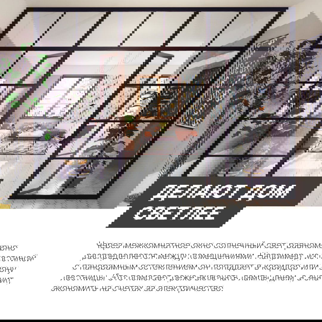 Прозрачная межкомнатная стеклянная стена с распашной дверью, светлая гостиная за перегородкой и растения по бокам.