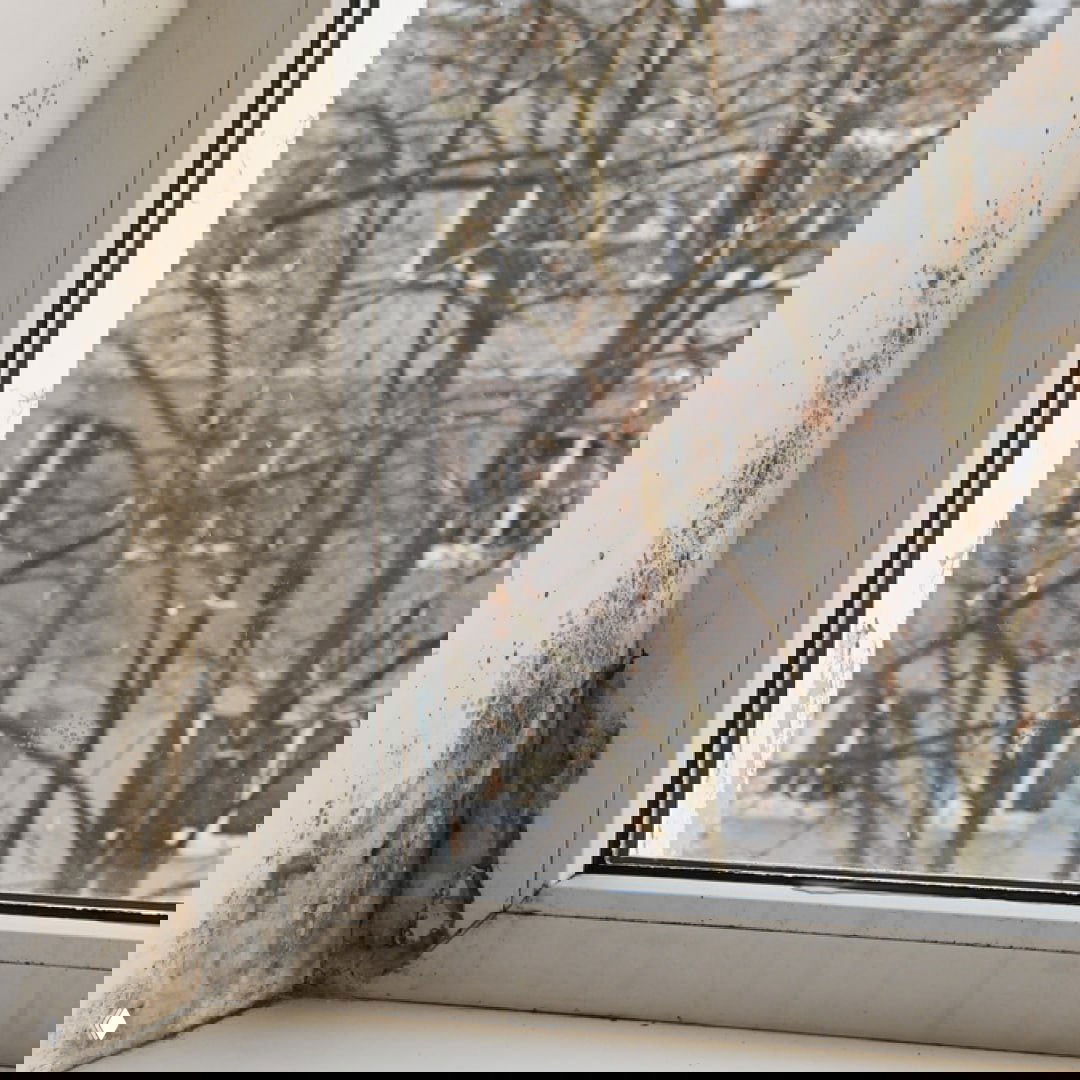 Плесень на верхней части оконного проёма: чёрные и серые пятна вдоль шва и на откосах в городской квартире, вид снаружи окна.