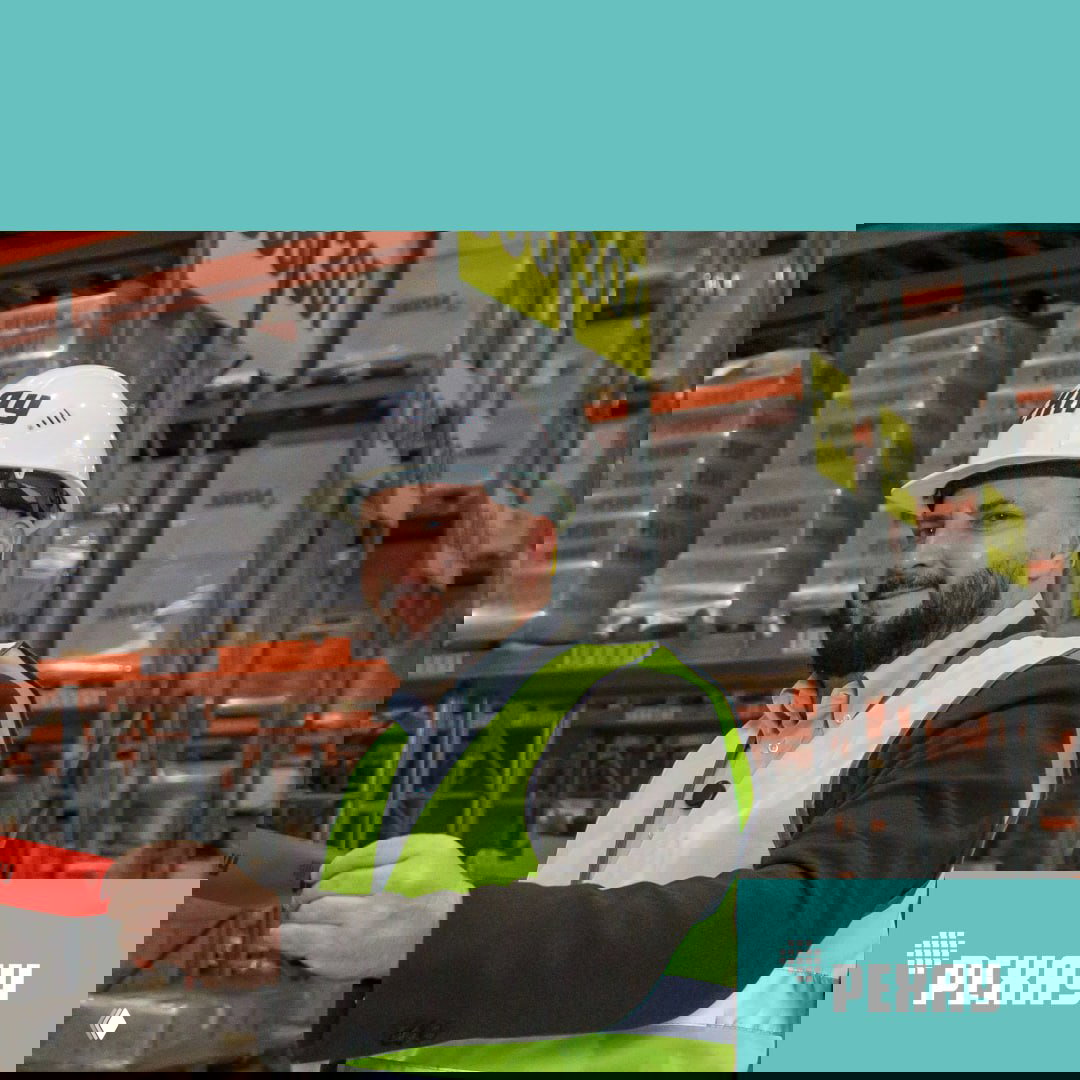 Представитель РЕХАУ в каске и жилете на фоне высоких стеллажей и паллет с продукцией компании в складском комплексе.