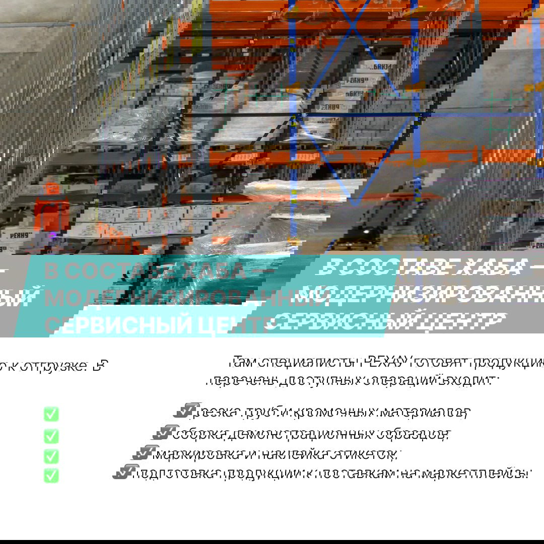 Инфографика и список технических характеристик нового комплекса на фоне склада: указаны площадь, зоны хранения и количество погрузочных ворот.