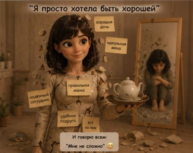 Мультяшная женщина с бумажными стикерами «хорошая дочь», «идеальная жена», «правильная мама» и др., визуальная метафора потери себя из‑за навязанных ролей.