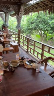 Деревянная веранда ресторана с сервированным столом, тарелками и стаканами; вид на зелёный сад и кокосовые деревья рядом с заведением на Самуи.