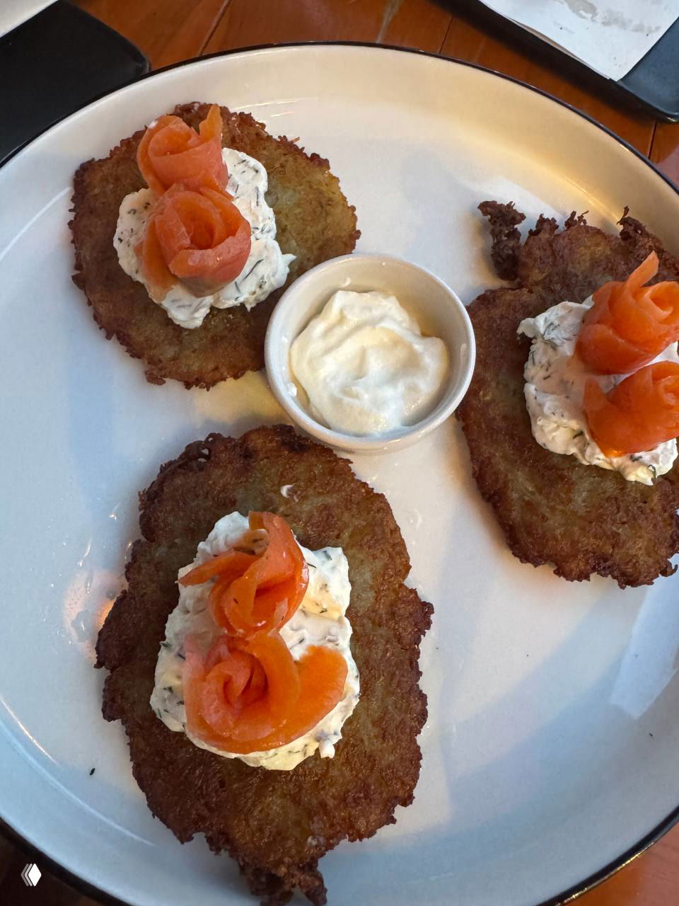 Тарелка с тремя хрустящими драниками, сверху кремовый соус и декоративные розочки из слабосолёного лосося, сервировка на белой тарелке.