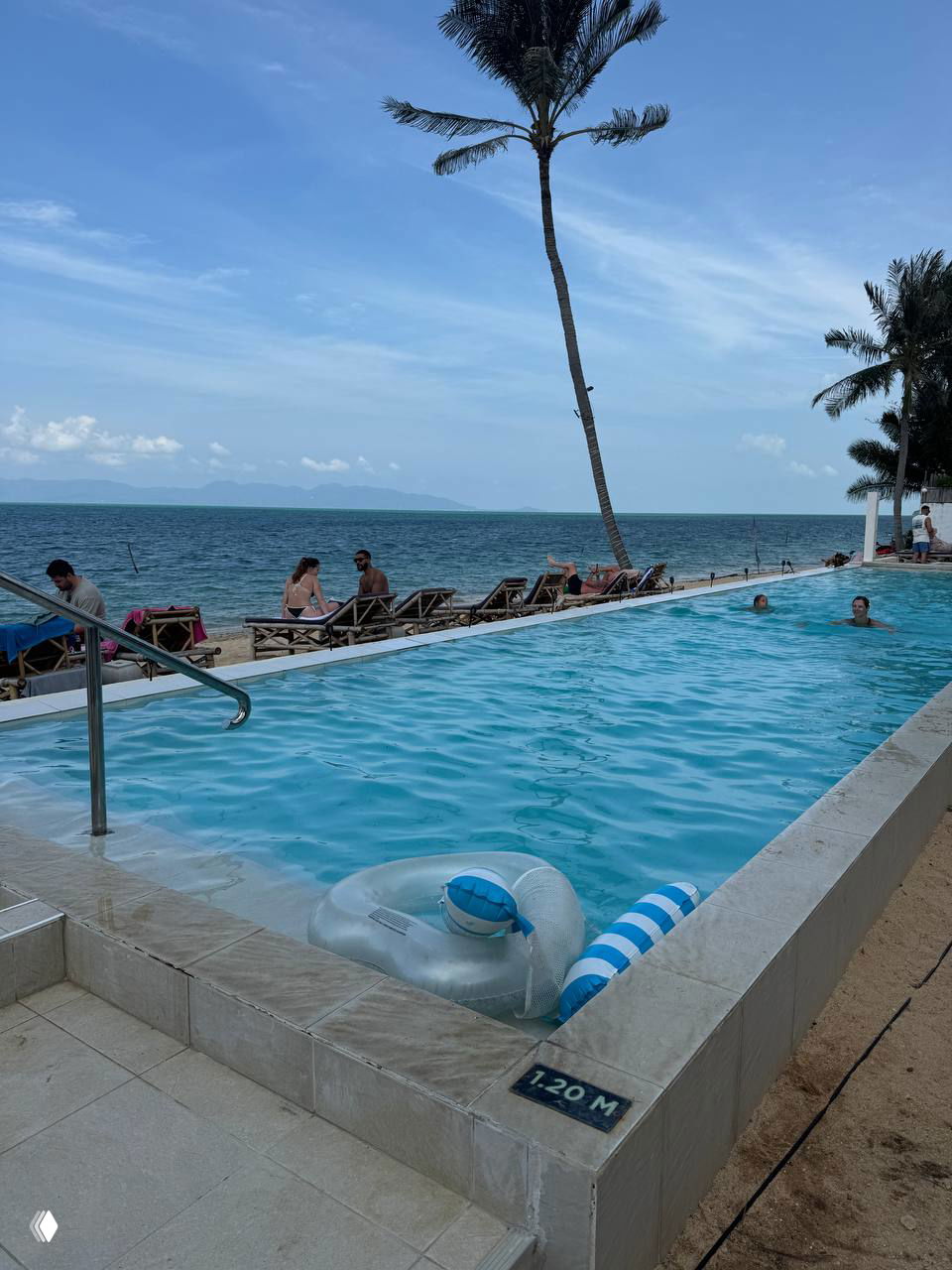 Прямоугольный бассейн у кромки пляжа с лежаками и видом на море; на бортике надувной круг и отметка глубины 1.20 м — зона релакса.