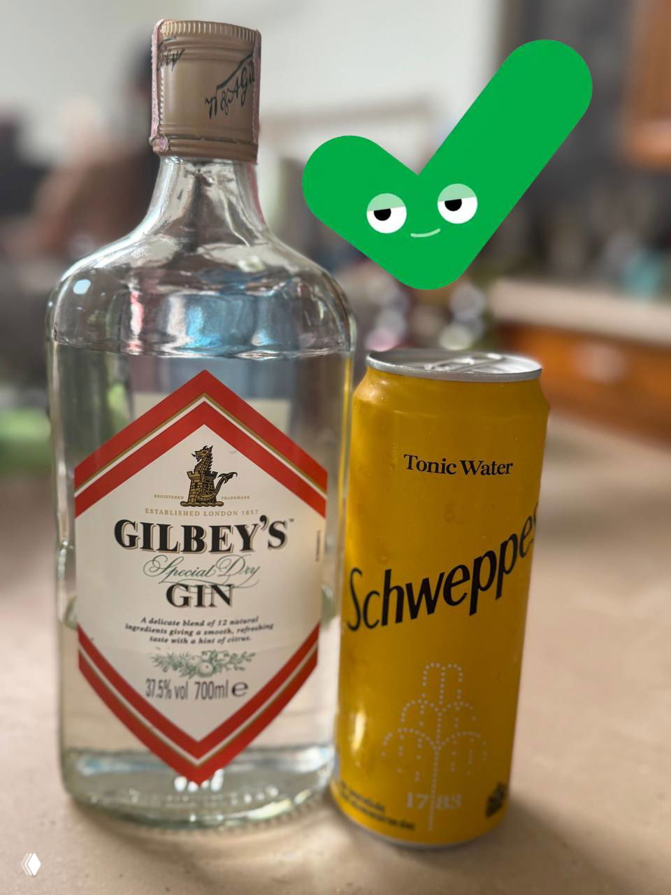 Бутылка Gilbey's gin рядом с жёлтой банкой Schweppes Tonic Water на столе; на фото зелёный значок-галочка указывает на простое сочетание джина с швепсом.