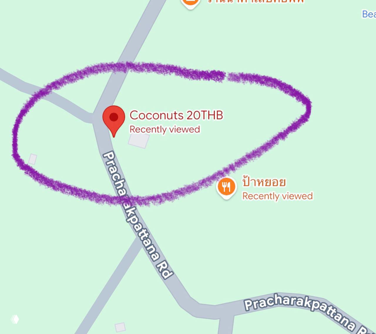 Скриншот карты с отмеченной точкой «Coconuts 20THB» на Google Maps, отметка локации у просёлочной дороги.
