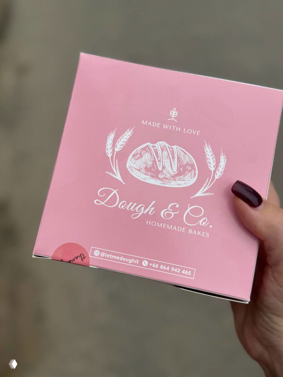 Розовая подарочная коробка Dough & Co в руках автора, видно логотип и контактные данные на крышке — фирменная упаковка пекарни.