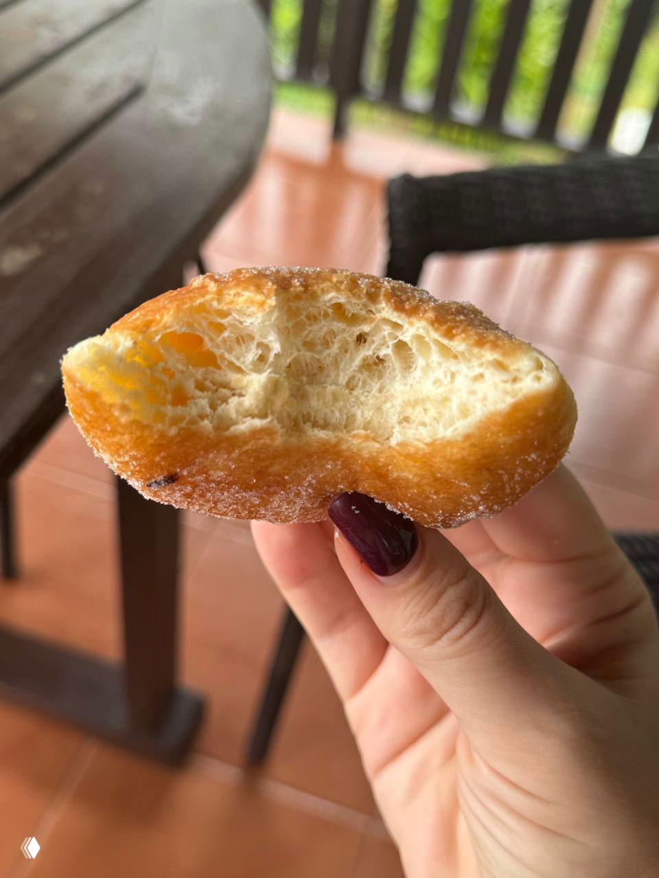 Кусочек пончика без начинки крупным планом: пористая, влажная структура теста на закваске и сахарная корочка видны ясно.