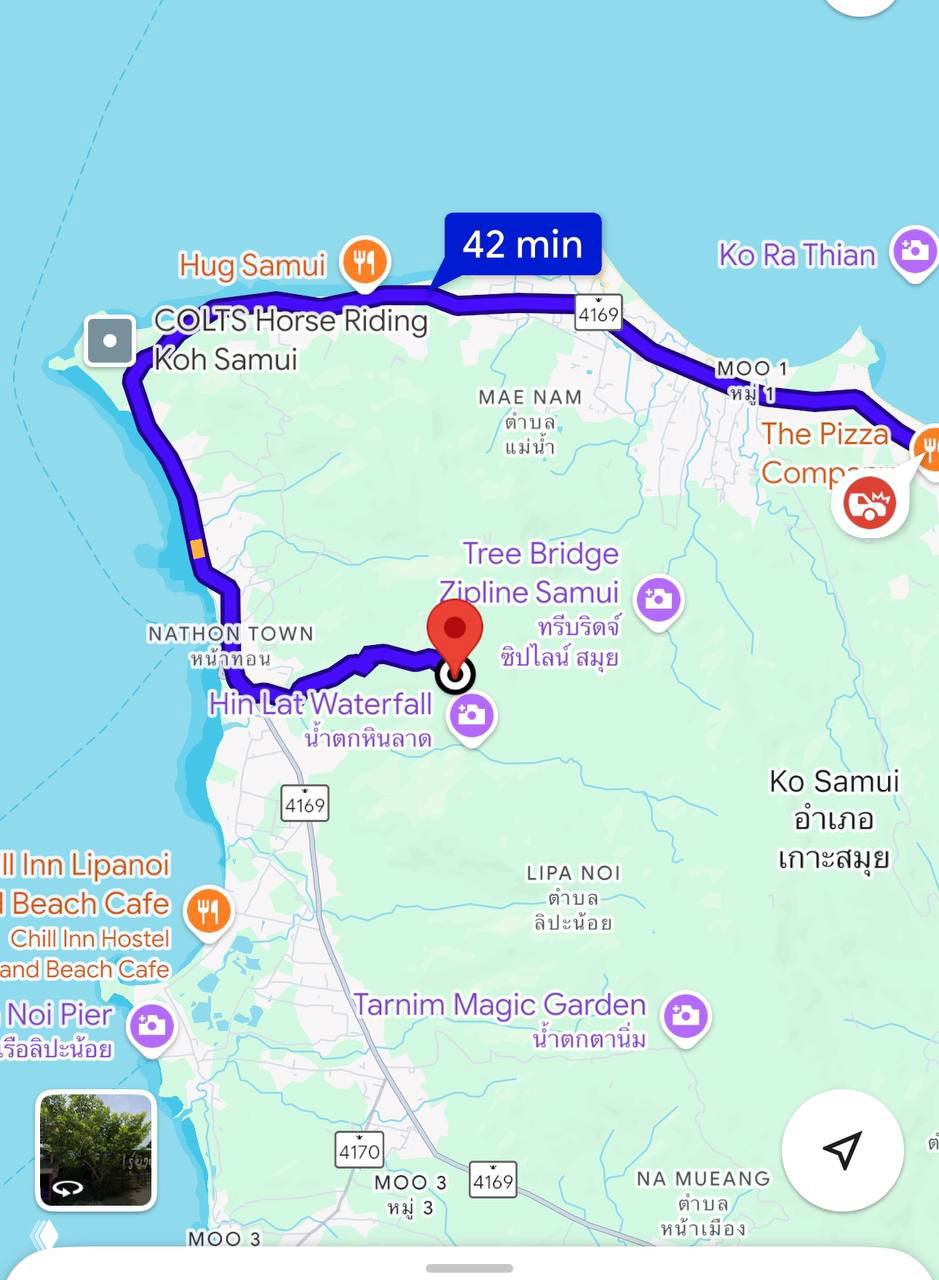 Скриншот карты с маршрутом до Sora Sierra и отметкой места на западной части Самуи — удобный ориентир для поездки.