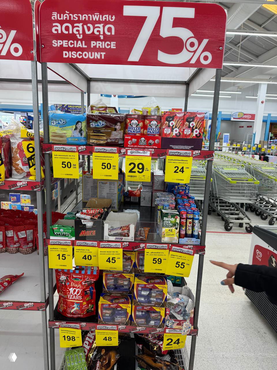 Стеллаж в Big C с большой табличкой «75%» и разложенными товарами; видны жёлтые ценники и упаковки разных брендов.