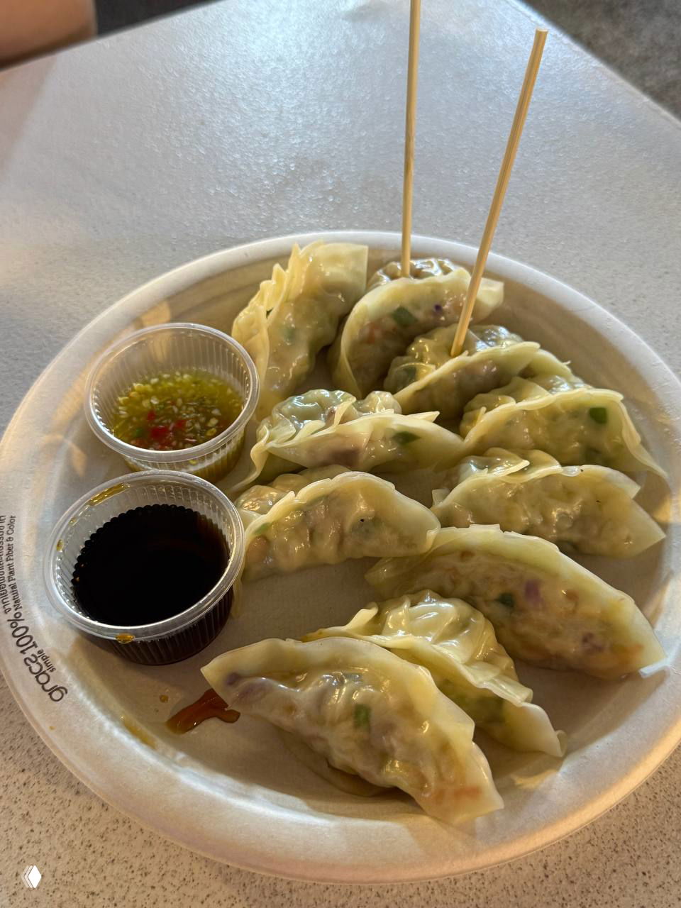 Бумажная тарелка с тайскими гиозами на пару, две соусные чашки и деревянные шпажки — типичная уличная подача в ночном рынке на Самуи.