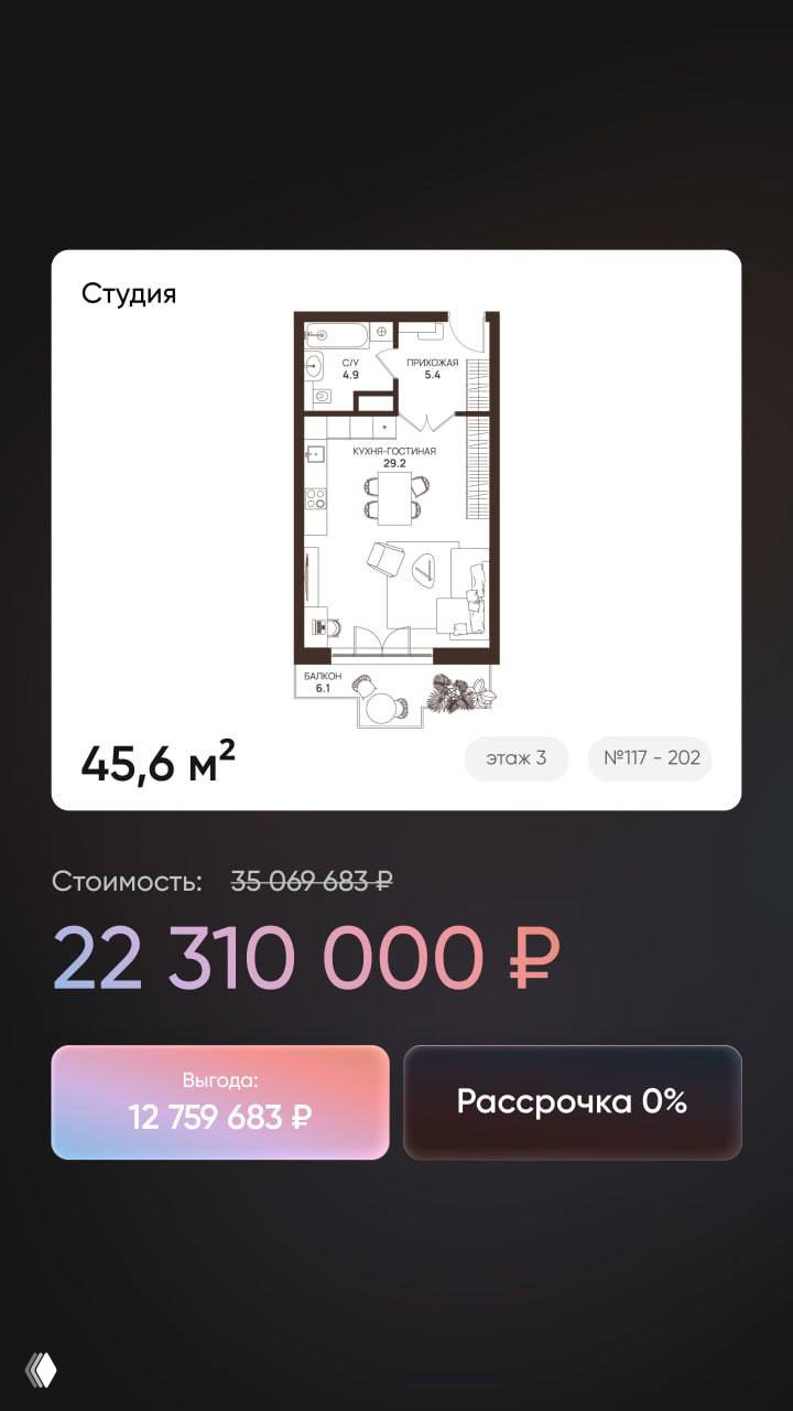 Чёрно‑белый план квартиры 45,6 м² с балконом, комнатами и ценой 22 310 000 ₽ — на карточке отмечена рассрочка 0% и сумма выгоды.