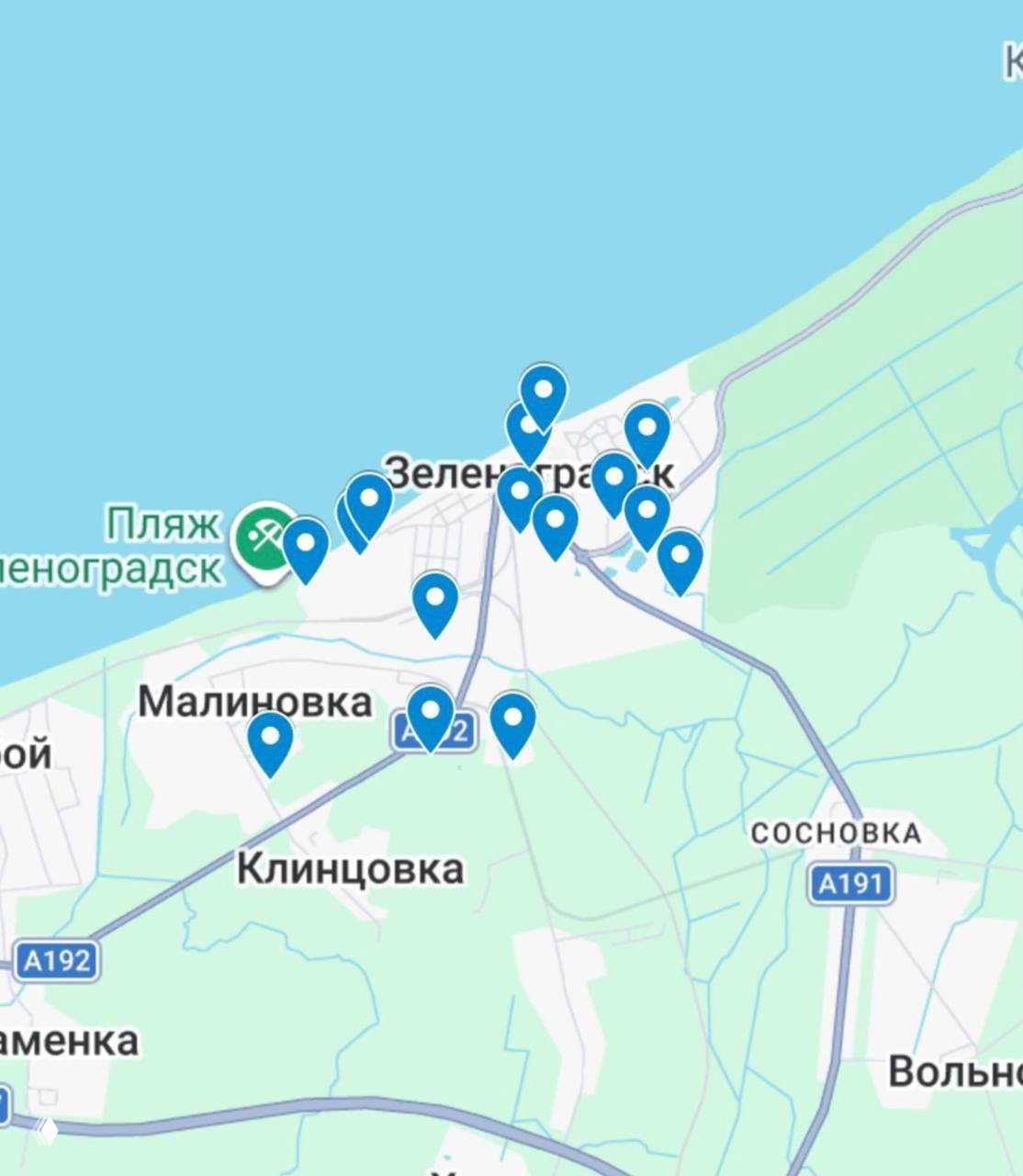 Карта Зеленоградска с синими отметками вдоль побережья — точки новых жилых проектов и участков в прибрежном городке