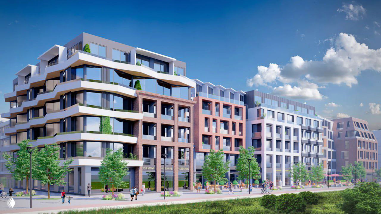 Визуализация фасада корпуса на набережной: современные балконы, торговые помещения на первом этаже и прогулочные зоны у берега.