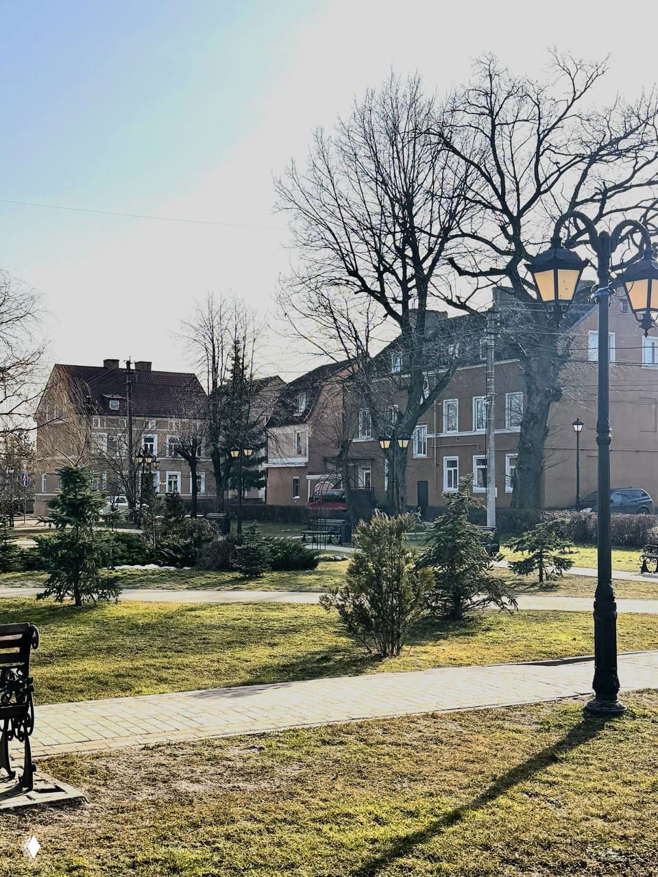 Ухоженный парк в Правдинске с молодыми деревьями, зелёными газонами и прогулочными дорожками на фоне жилых домов городской застройки.