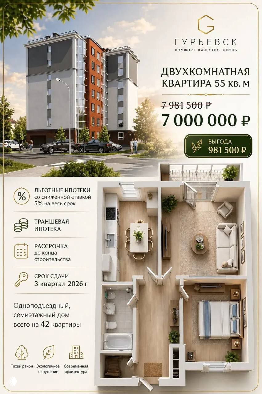 АКЦИЯ - МИНУС МИЛЛИОН РУБЛЕЙ НА 2 КОМНАТНУЮ КВАРТИРУ