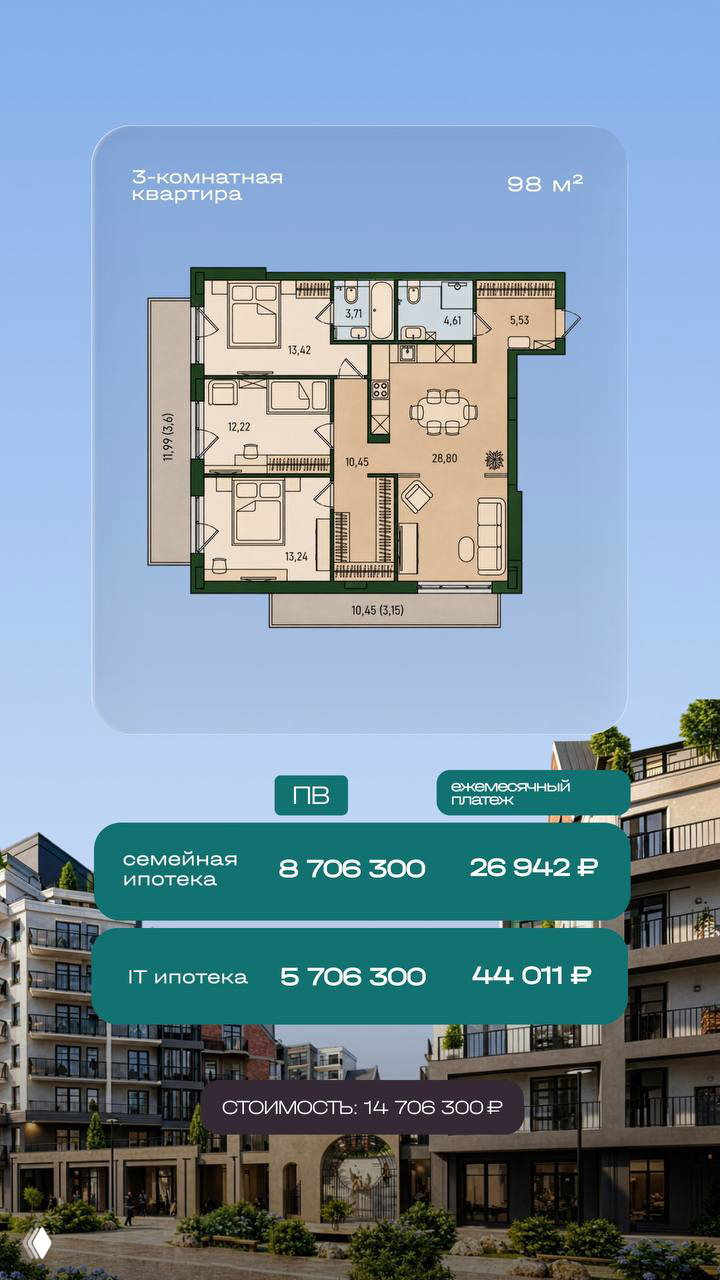 План трёхкомнатной квартиры 98 м² с вариантами ипотек и расшифровкой сумм: семейная ипотека, IT‑ипотека и итоговая стоимость объекта