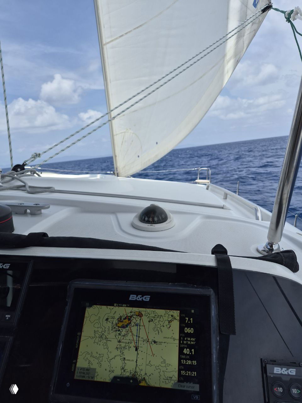 Штурманская панель и компас на катамаране на фоне стакселя и моря, навигационный экран показывает курс и положение судна во время хода.