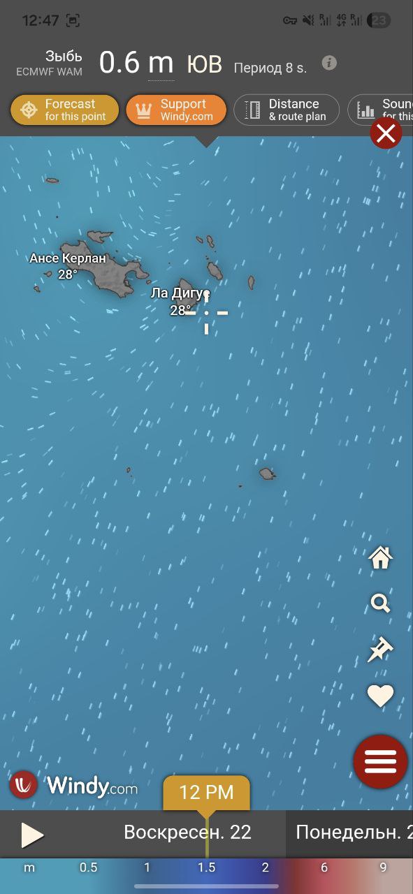 Скриншот карты зыби Windy: указано 0.6 м с юго-востока, период 8 секунд, видно расположение Ла Диг и соседних рифов и проливов.