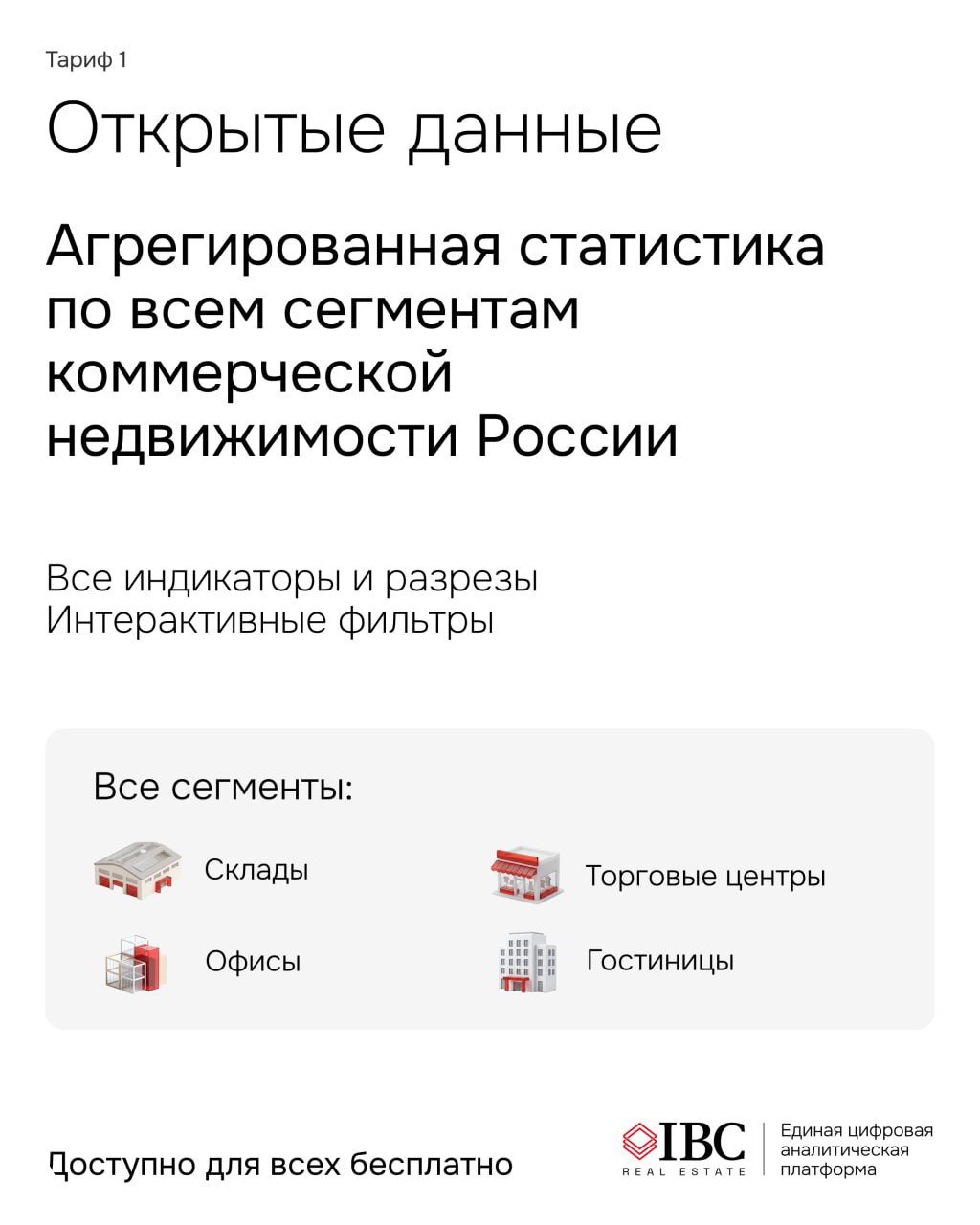 Слайд «Открытые данные»: агрегированная статистика по всем сегментам коммерческой недвижимости России, интерактивные фильтры и иконки сегментов.